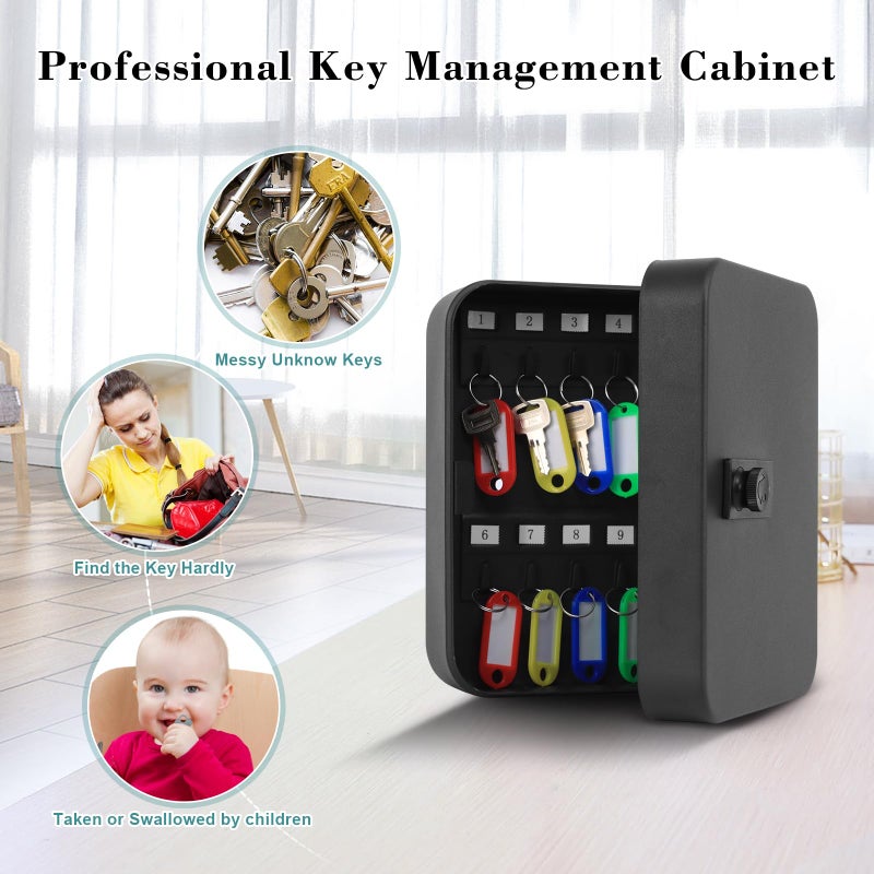KYODOLED 20 Key Storage Lock Box with Code  Key Cabinet Organizer Wall Mount with Combination Lock  Key Hooks & Labels  7.87 x 6.3 x 3.14 in  Black - Image 4